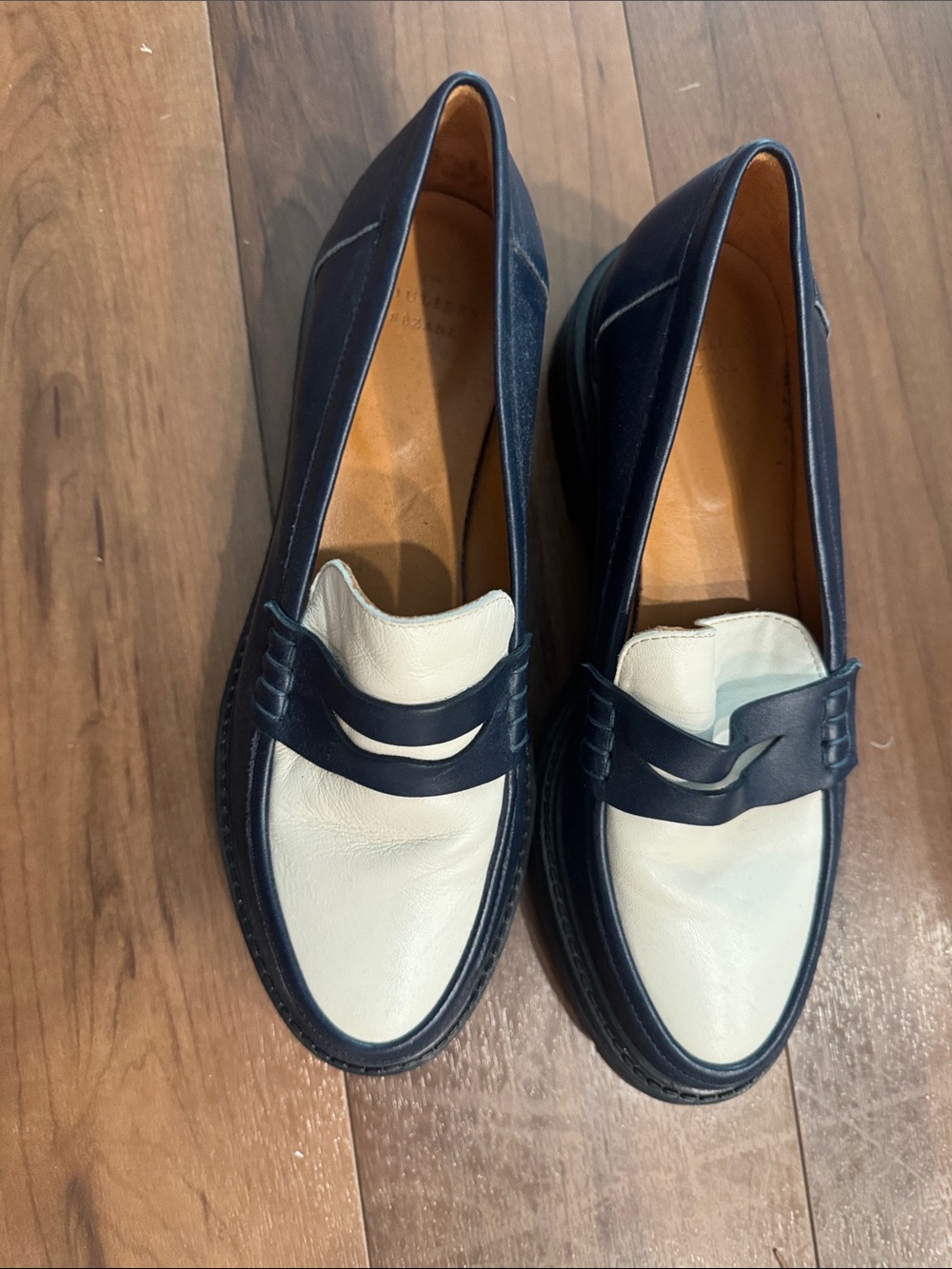 Sezane Two-Tone Leather Penny Loafers - Navy and White